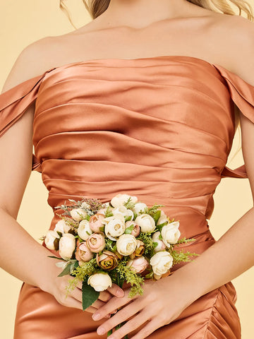 Row Off Shoulder Split Acetate Satin Bridesmaid Dress