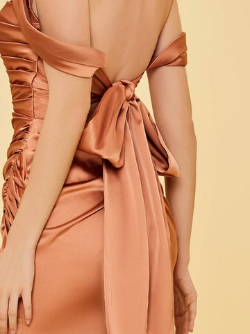 Row Off Shoulder Split Acetate Satin Bridesmaid Dress