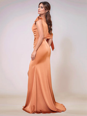 Row One Shoulder Split Acetate Satin Bridesmaid Dress