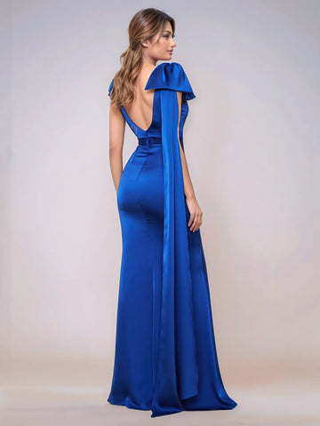 Deep V-Neck Bow Acetate Satin Bridesmaid Dress With Drop Train