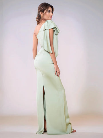Row One Shoulder Acetate Satin Bridesmaid Dress With Split