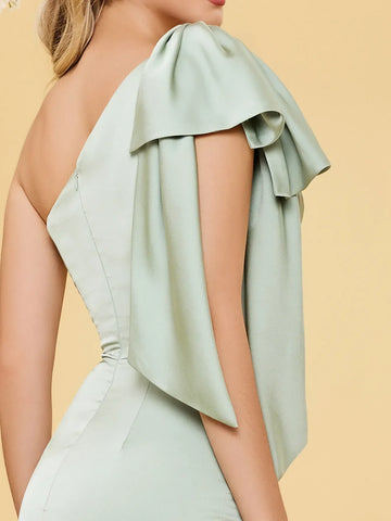 Row One Shoulder Acetate Satin Bridesmaid Dress With Split