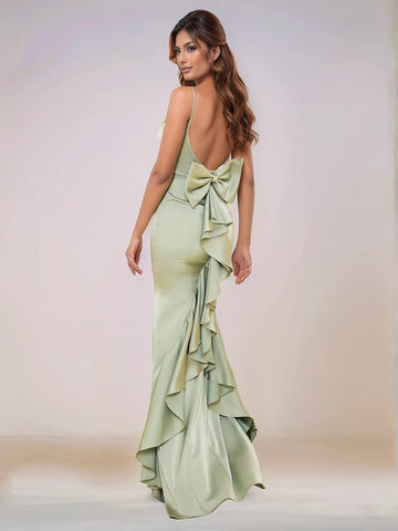 Spaghetti Strap Acetate Satin Bridesmaid Dress With Ruffle Row