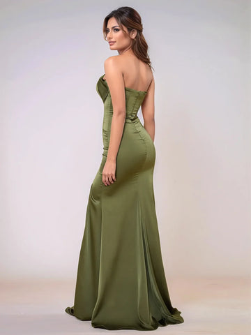 Strapless Wrap Acetate Satin Bridesmaid Dress With Ruffle Hem