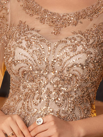 Lace Beaded Scoop A-Line Mother of the Bride Dress with Half Sleeve