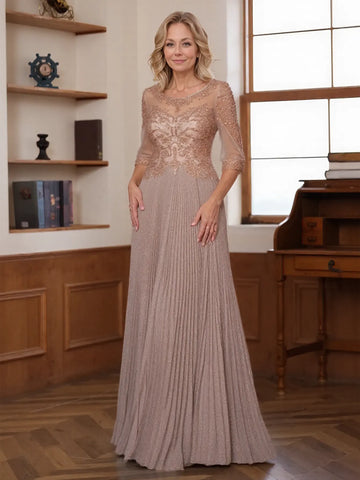 Lace Beaded Scoop A-Line Mother of the Bride Dress with Half Sleeve