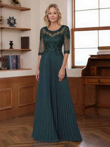 Lace Beaded Scoop A-Line Mother of the Bride Dress with Half Sleeve