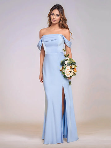 Sheath Off Shoulder Acetate Satin Bridesmaid Dress With Split