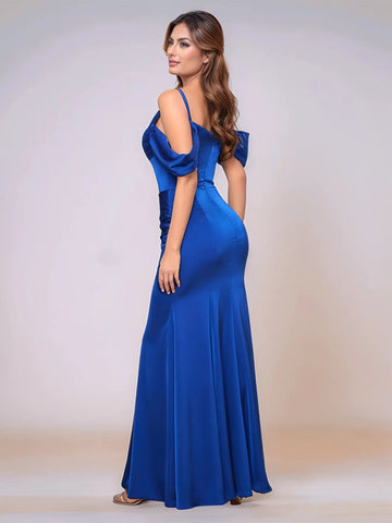 Ruched Bust Off Shoulder Acetate Satin Bridesmaid Dress