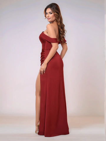 Off Shoulder Acetate Satin Pleated Bridesmaid Dress With Split