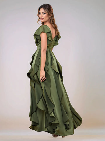 V-Neck Acetate Satin Bridesmaid Dress With Ruffle Hem