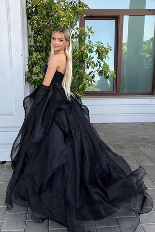 A-Linie Herzausschnitt Schwarzes langes Ballkleid mit Perlen