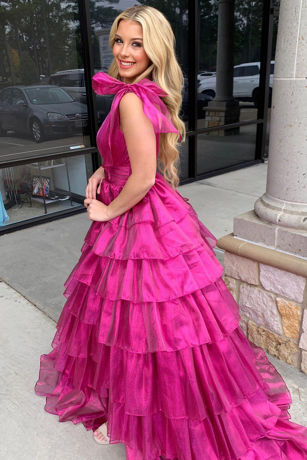 Fuchsia Princess A Line Deep V Neck Long Prom Dress with Ruffles