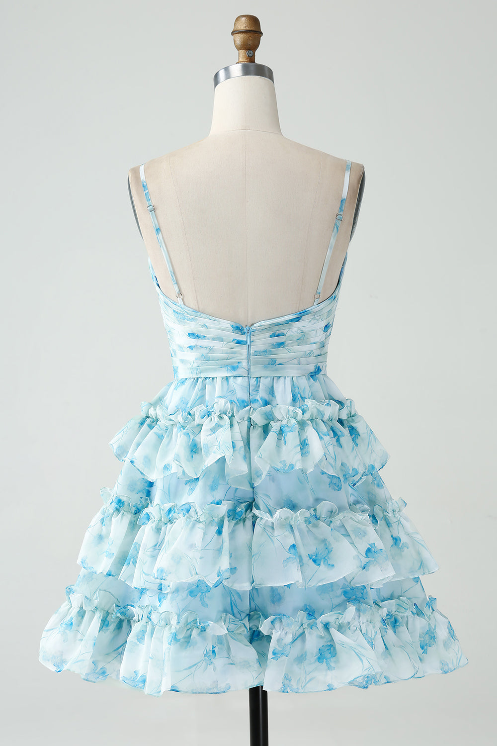 Blue Spaghetti Straps Floral Tulle A-Line Tiered Short Homecoming Dress