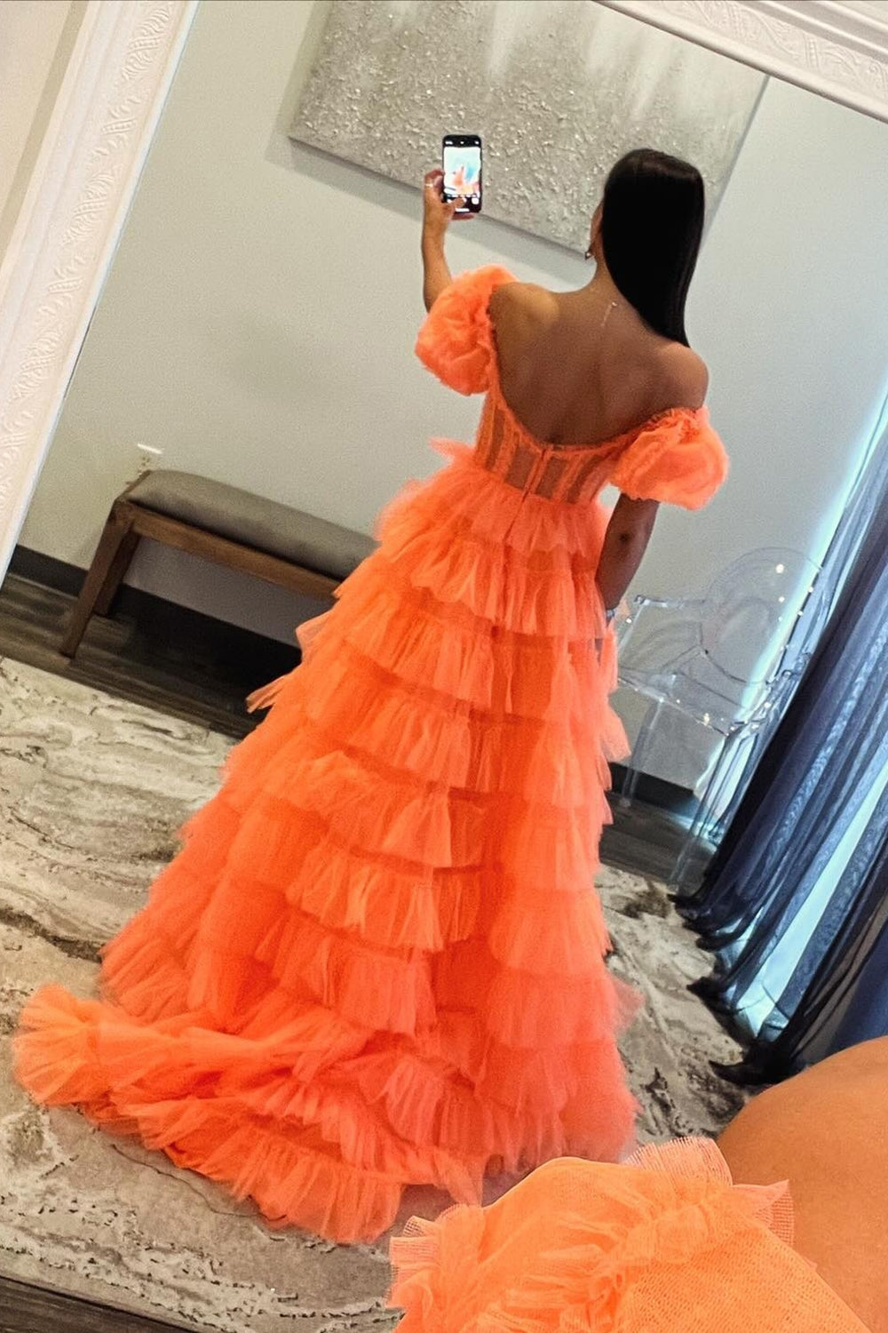 Orange Off the Shoulder A-Line Tulle Tiered Long Corset Prom Dress with Slit