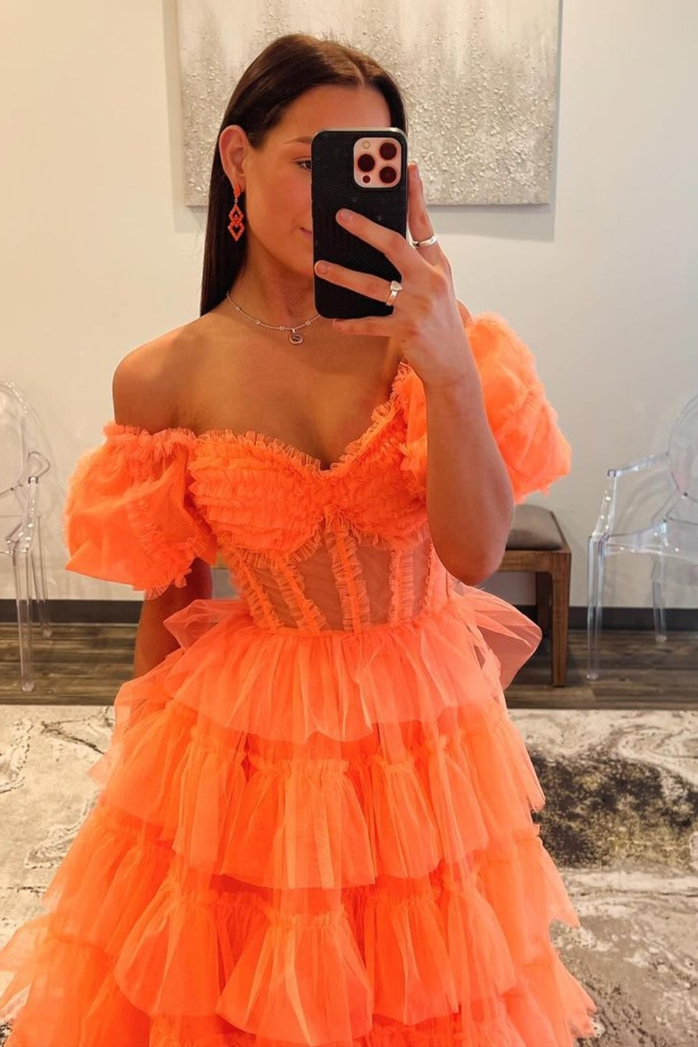 Orange Off the Shoulder A-Line Tulle Tiered Long Corset Prom Dress with Slit