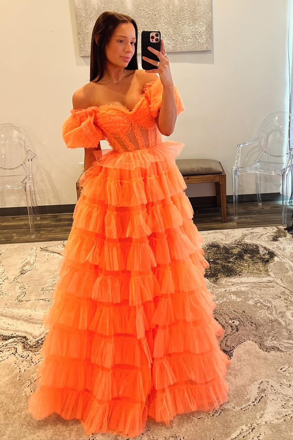 Orange Off the Shoulder A-Line Tulle Tiered Long Corset Prom Dress with Slit