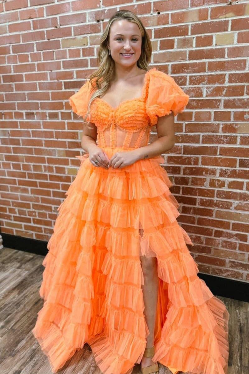 Orange Off the Shoulder A-Line Tulle Tiered Long Corset Prom Dress with Slit