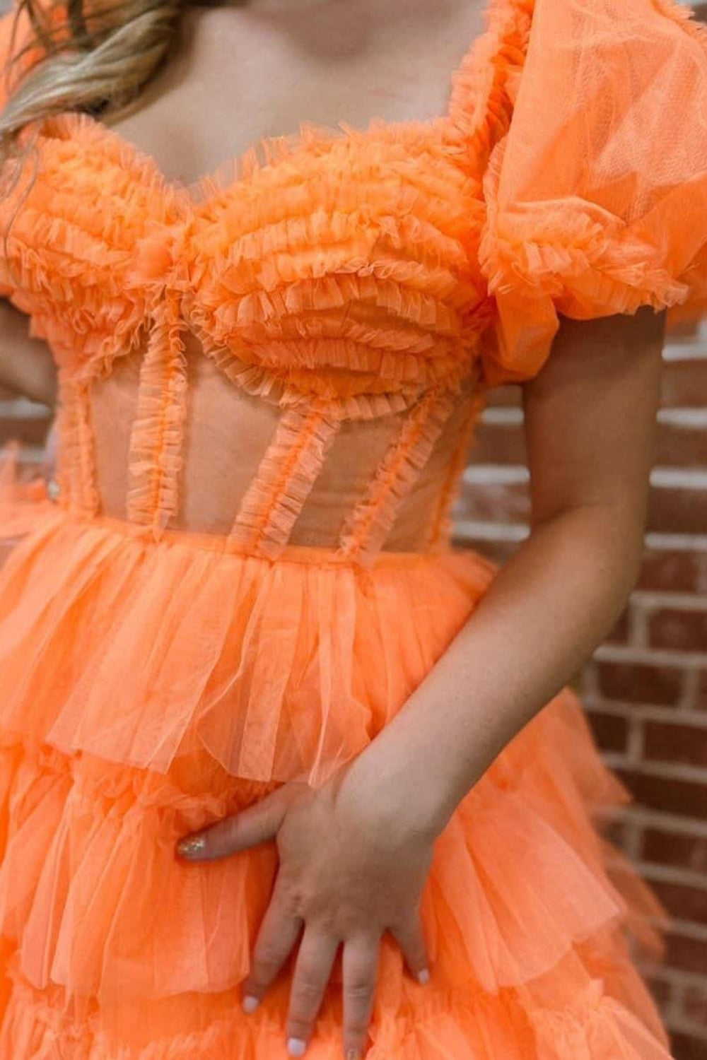Orange Off the Shoulder A-Line Tulle Tiered Long Corset Prom Dress with Slit