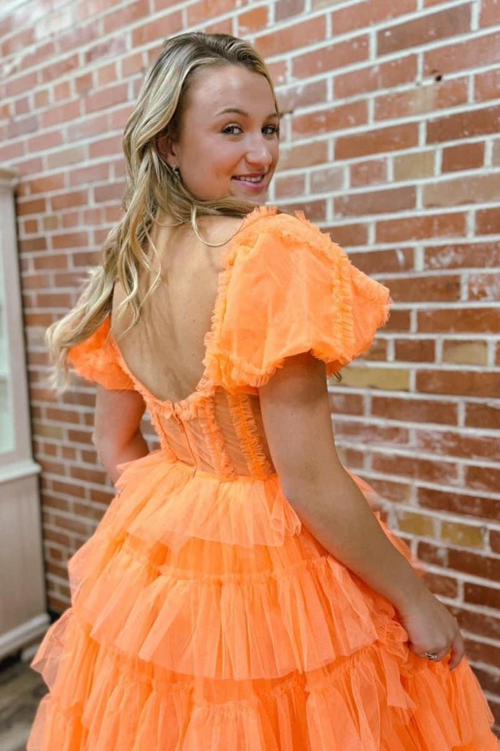 Orange Off the Shoulder A-Line Tulle Tiered Long Corset Prom Dress with Slit