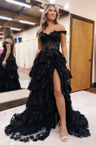 Grey Blue A-Line Off the Shoulder Tulle Tiered Long Corset Prom Dress with Slit