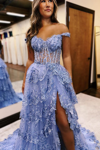 Grey Blue A-Line Off the Shoulder Tulle Tiered Long Corset Prom Dress with Slit