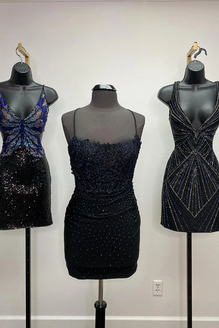 Stylish Sheath Spaghetti Straps Royal Blue Short Homecoming Dress with Appliques