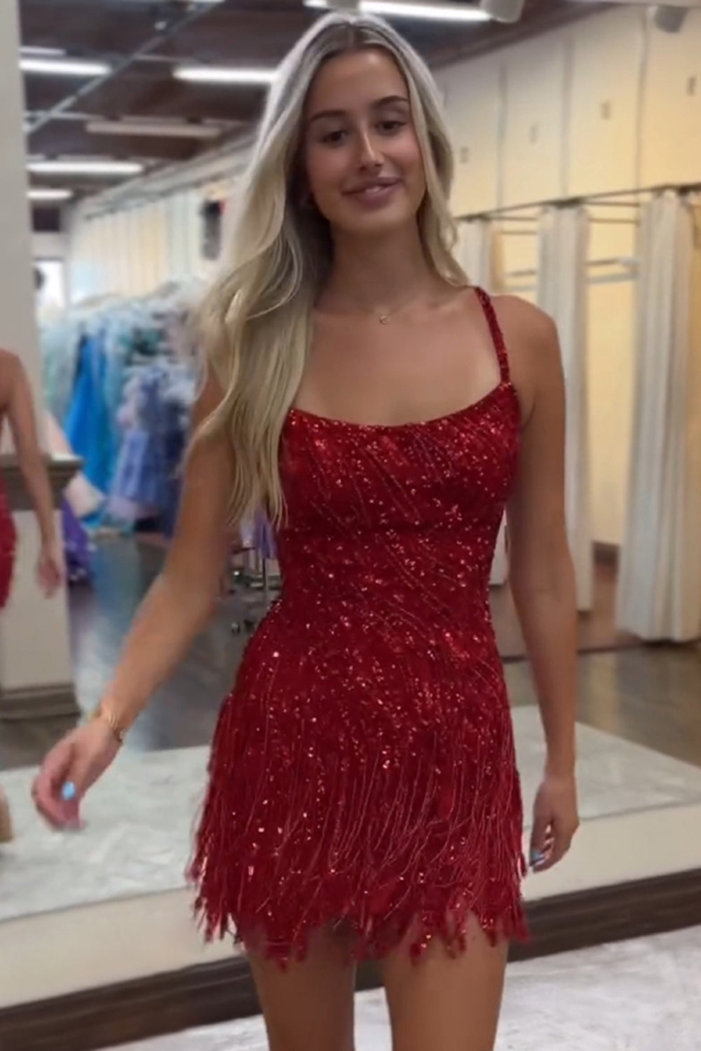 Sparkly Sheath Spaghetti Straps Fuchsia Short Homecoming Dress with Fringes