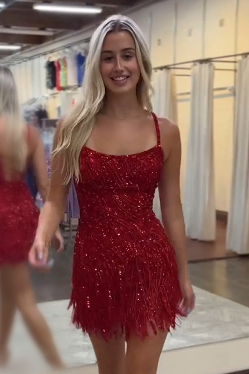 Sparkly Sheath Spaghetti Straps Fuchsia Short Homecoming Dress with Fringes