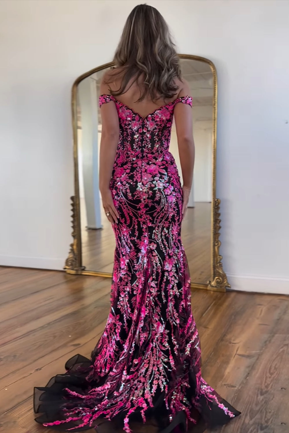 Sparkly Golden Off the Shoulder Mermaid Sequins Long Prom Dress with Slit