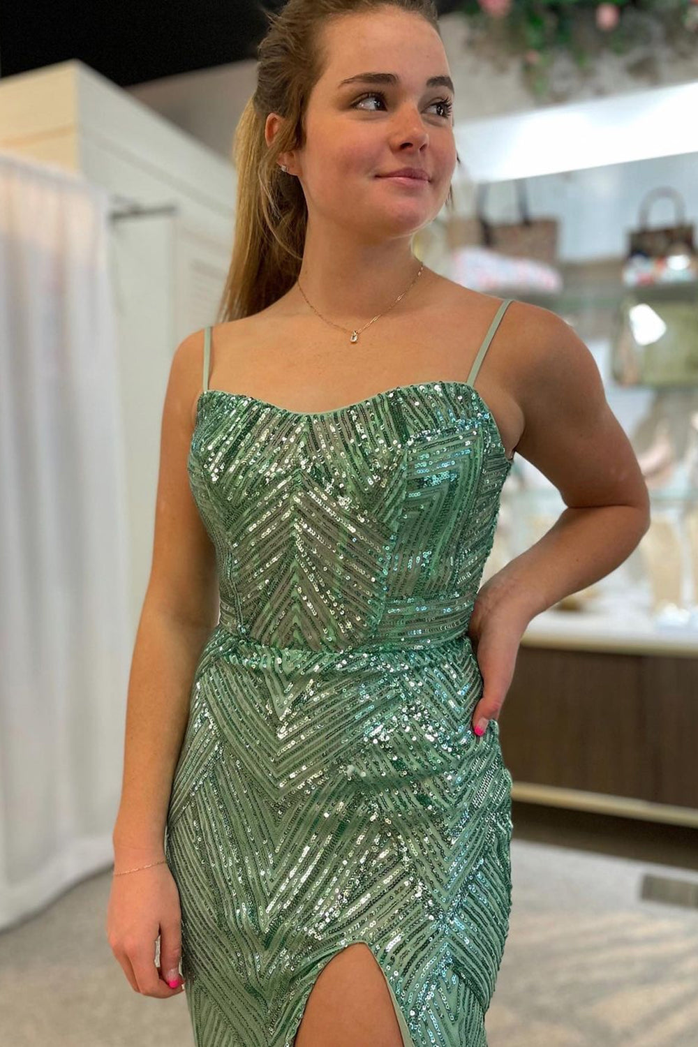 Sparkly Green Spaghetti Straps Sequins Mermaid Long Prom Dress with Slit