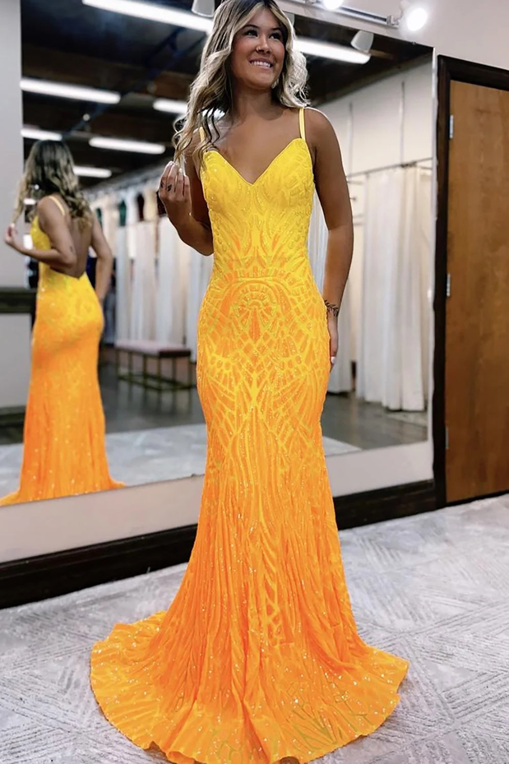 Sparkly Spaghetti Straps Fuchsia Sequins Mermaid Long Prom Dress 