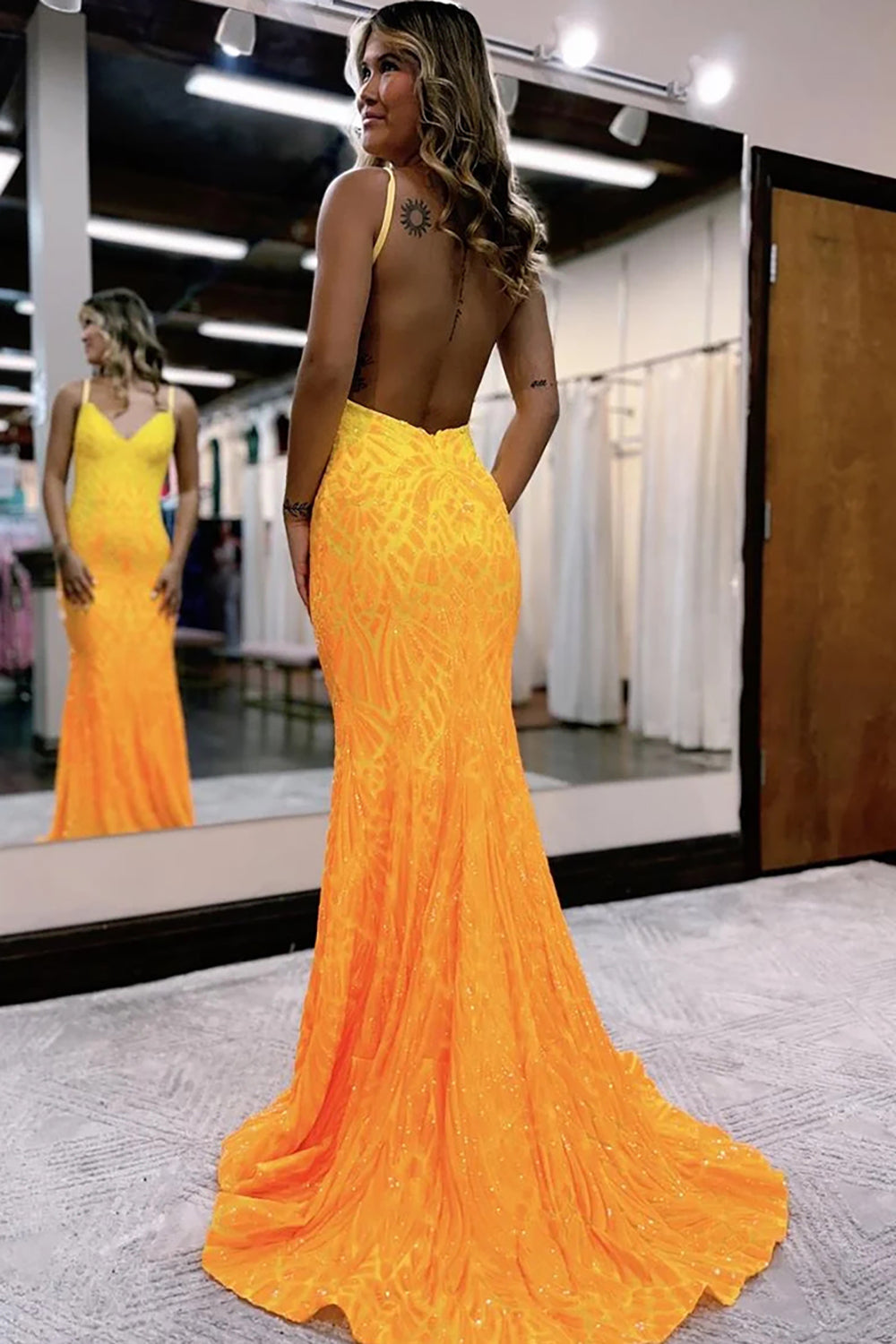 Sparkly Spaghetti Straps Fuchsia Sequins Mermaid Long Prom Dress 