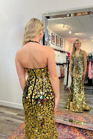 Sparkly Golden Halter Neck Mermaid Open Back Prom Dress with Slit