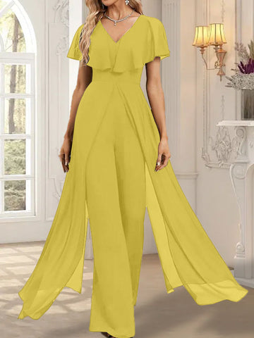 Jumpsuit/Hosenanzug V-Ausschnitt Bodenlanges Chiffon Abendkleid