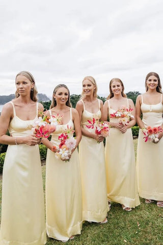 Satin Sheath Scoop Spaghetti Straps Long Bridesmaid Dresses