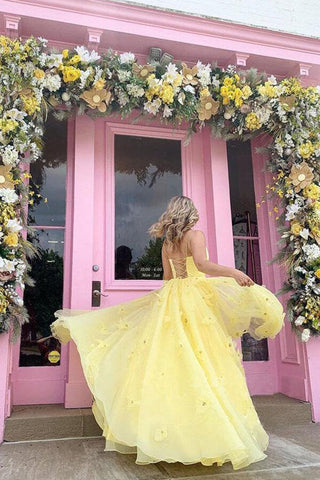 Satin Tulle Ball Gown Spaghetti Straps 3D Flowers Prom Dresses