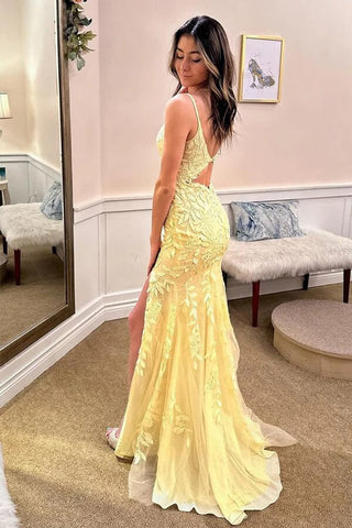 Tulle Mermaid V-neck Spaghetti Straps Lace Appliqued Prom Dresses