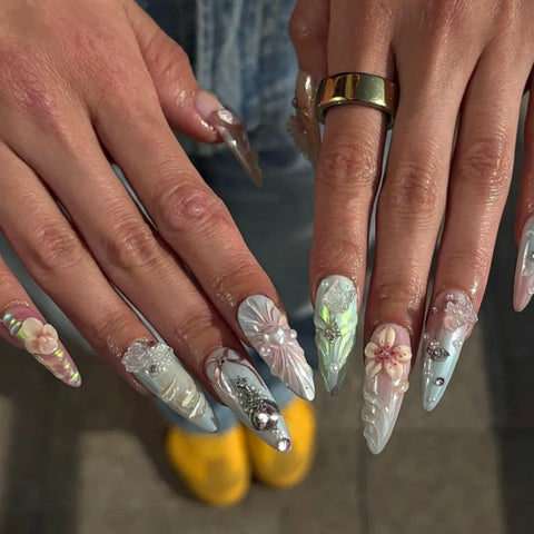 Long Almond Flower NailCarefully designed pure handmade press-on gel nails