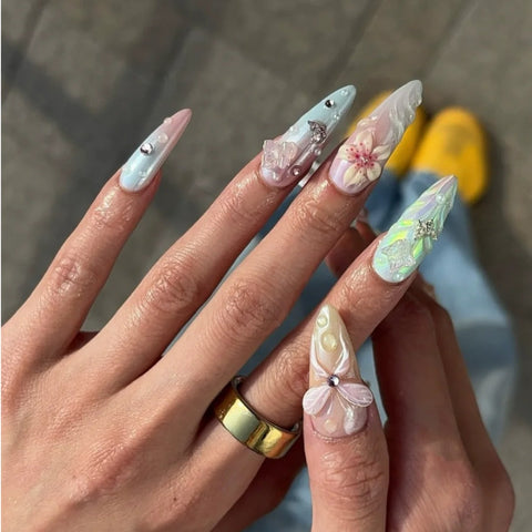 Long Almond Flower NailCarefully designed pure handmade press-on gel nails