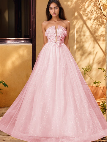 3D Rose Embroidery Sparkly Lace Plunging Ball Gown Prom Dress