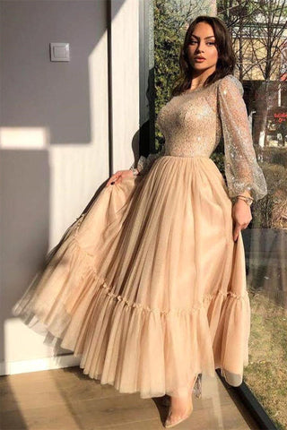 A-line Jewel Ankle Length Multiple Layers Long Sleeve Sequins Prom Dresses