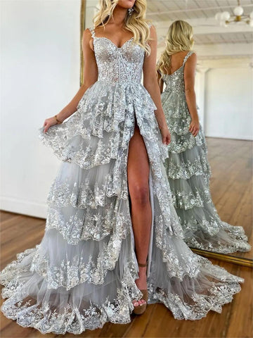 Silver Princess A Line Off the Shoulder Corset Prom Dress with Lace Ruffles