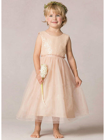 A-Linie Pailletten Ärmellos Rundhals Hochzeit Party Blumenmädchenkleider