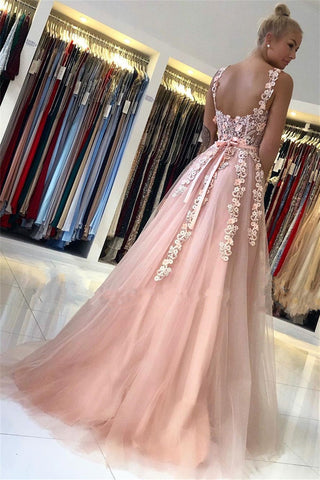 A-line Sweetheart Sleeveless Long Backless Lace Applique Prom Dresses