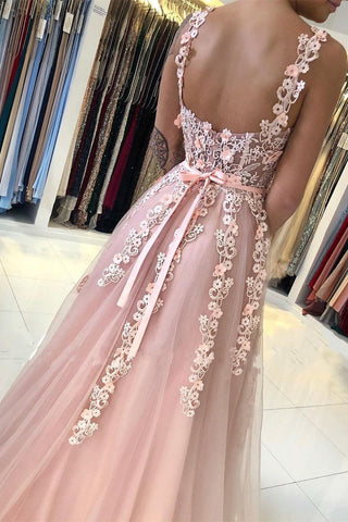 A-line Sweetheart Sleeveless Long Backless Lace Applique Prom Dresses