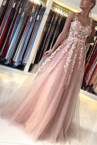 A-line Sweetheart Sleeveless Long Backless Lace Applique Prom Dresses