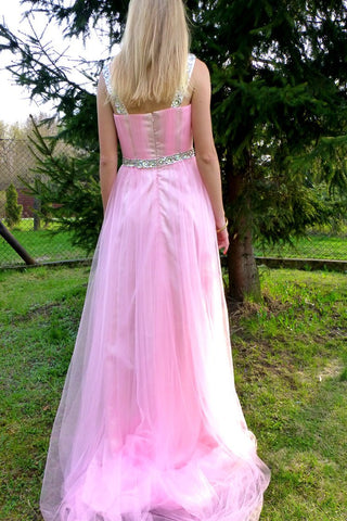 A-line Wide Strap Floor Length Chrmuse Tulle Rhinestone Prom Dress