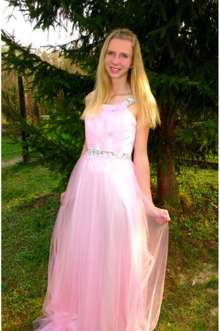 A-line Wide Strap Floor Length Chrmuse Tulle Rhinestone Prom Dress