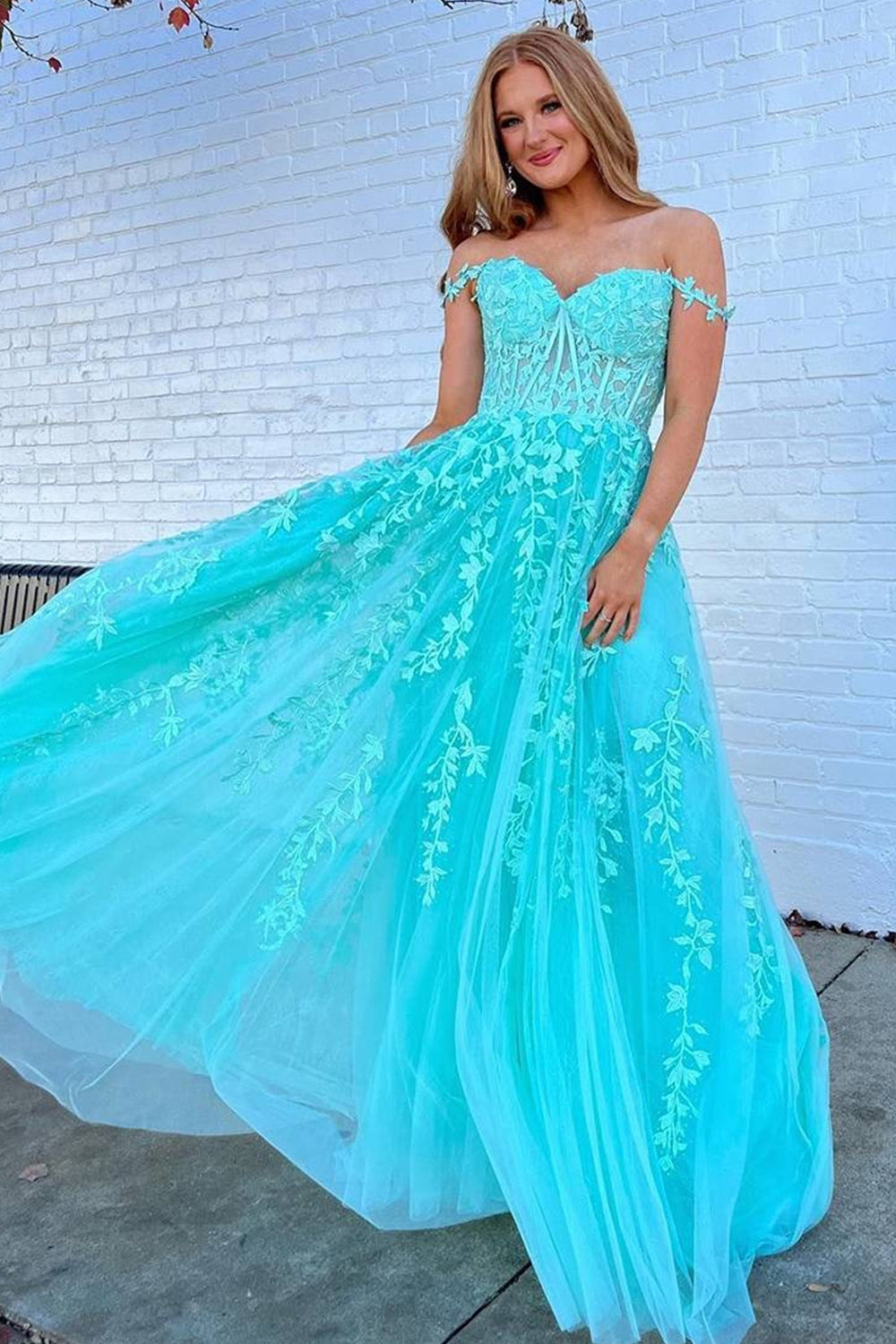 Navy Off the Shoulder Prom Dress with Appliques